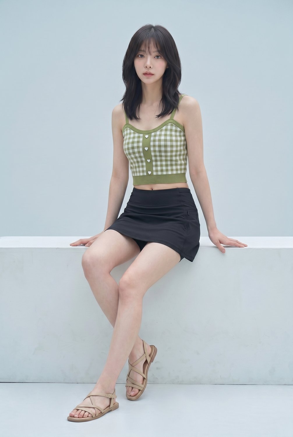 Gingham crop and denim skort — Korean denim look