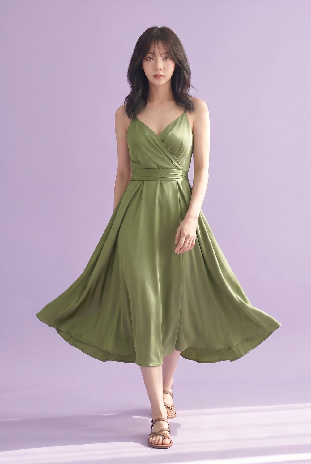 Olive satin midi dress — Korean summer outfit