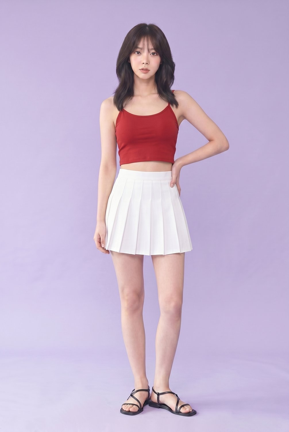 Red tennis skirt set — sporty Korean look
